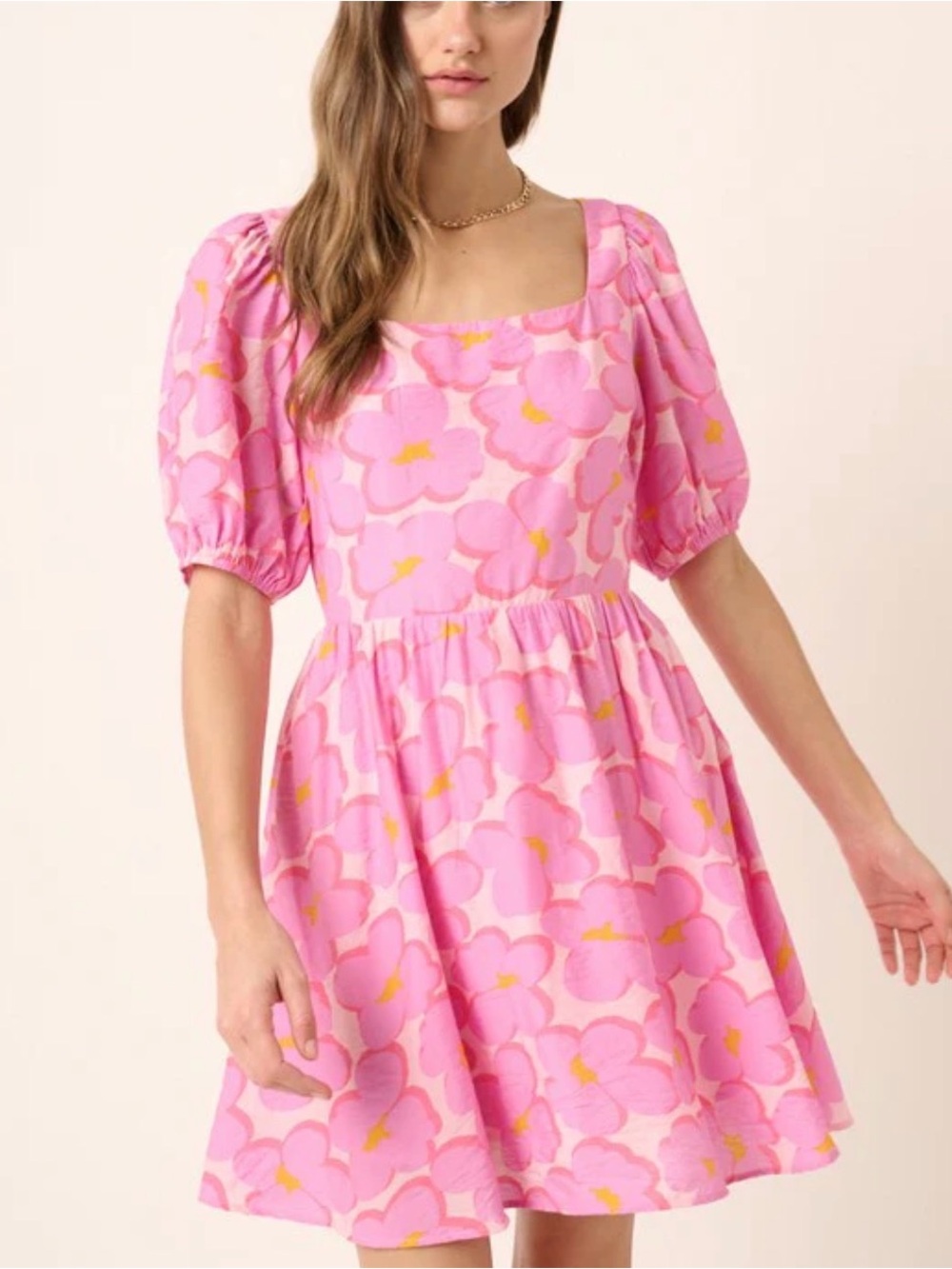 Pink Floral Puff Sleeve Square Neck Dress